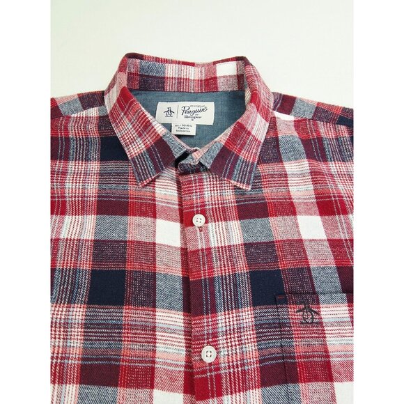 Penguin Size XL Mens Red White Black Flannel Plaid Pocket Embroidered Logo Shirt - Picture 1 of 12